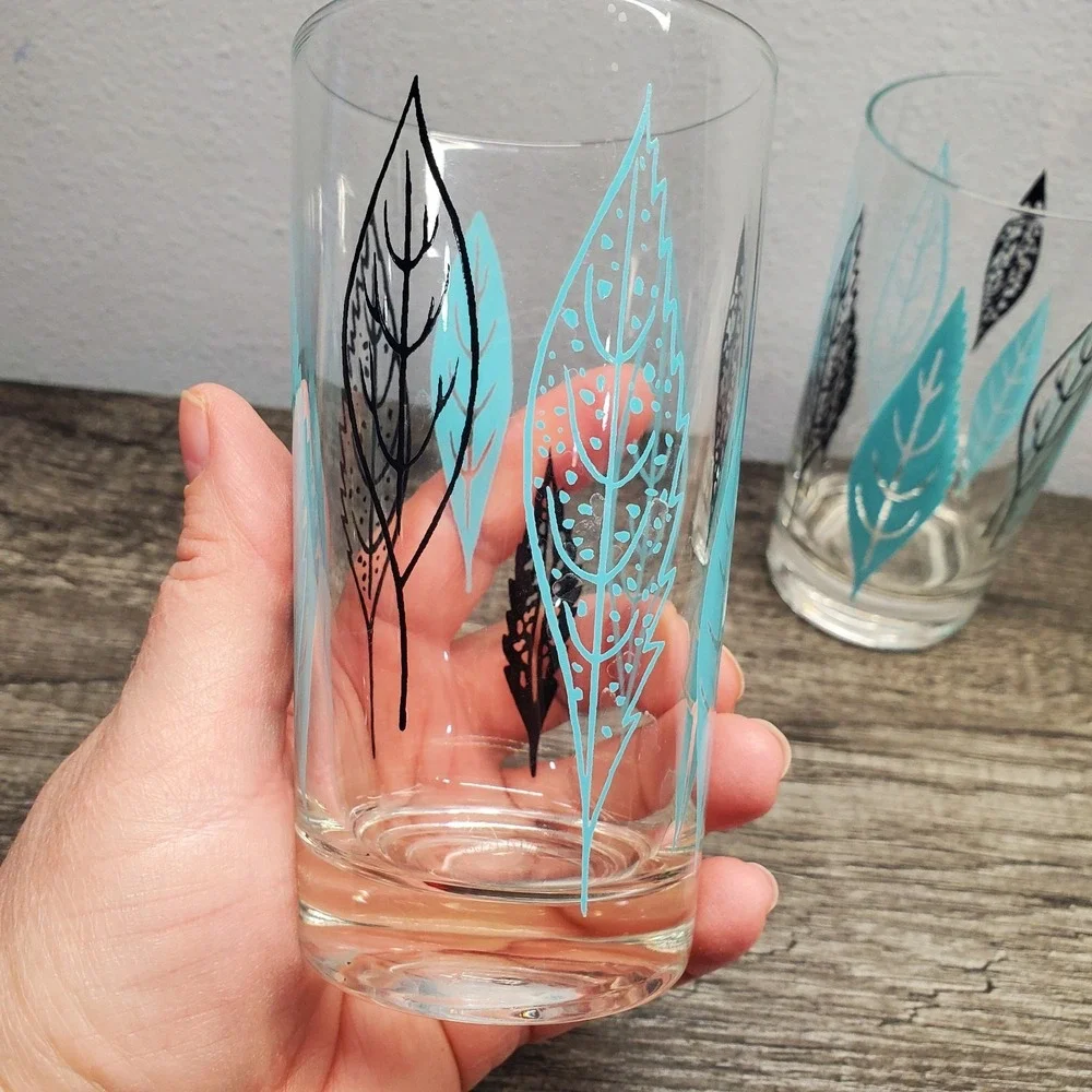 Vtg Federal Glass MCM Barware Teal & Black Leaves 5.25